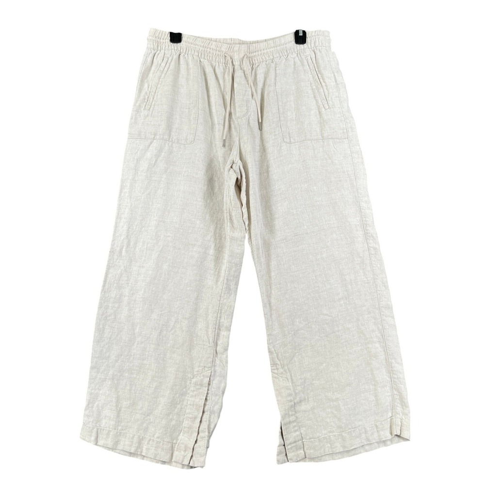 Athleta Linen Wide Leg Pants Women XL Oatmeal Drawstring Side Slit Travel